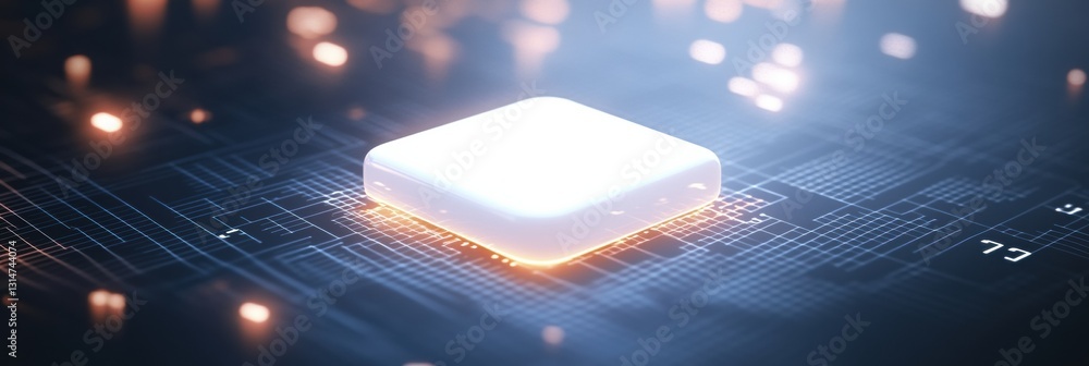 Poster Centered white computer icon on an abstract digital background representing technology and data processing with design space available