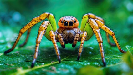 Fototapeta premium Macro closeup of a spider on green foliage.