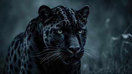 Obraz premium Photo of a bright black portrait of a panther reflecting sadness for the animal world.