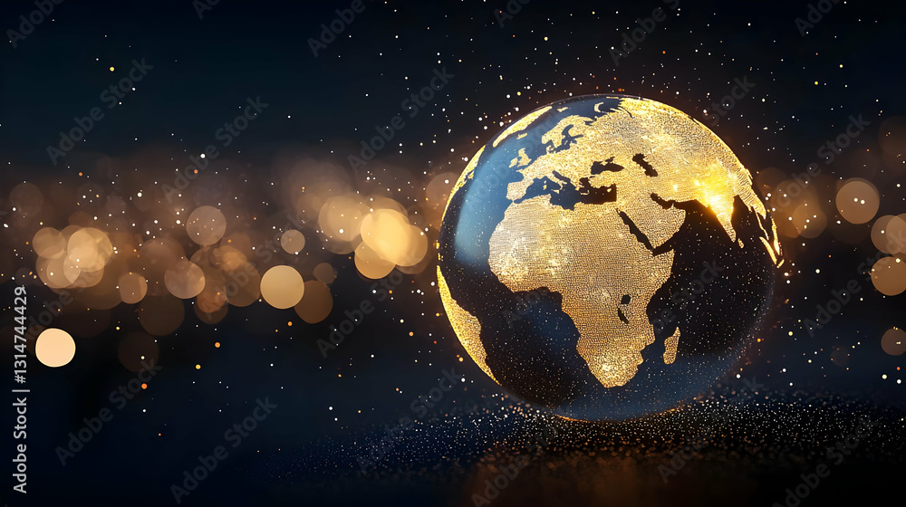 Aufkleber dark blue and gold illuminated 3d rendered globe with glowing golden particles depicting global netw