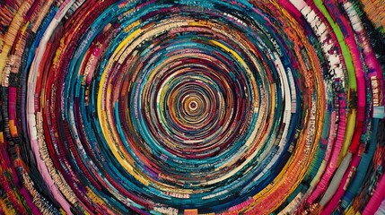 Colorful fabric rings spiral into a center, with blurred textures, ideal for background or design