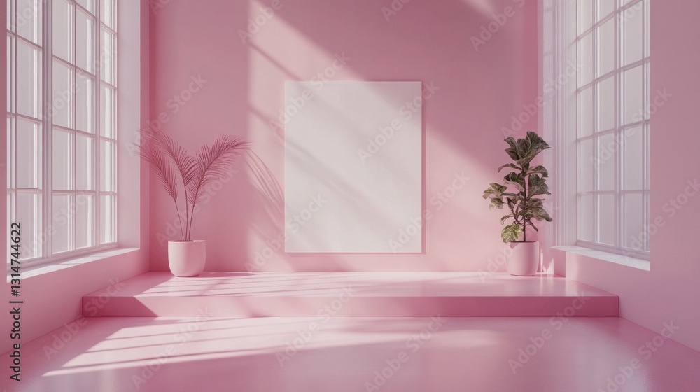 Poster delicate sunlight filters through large windows, illuminating a serene pink room, adorned with vibra