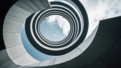 Fototapeta premium Looking up at the sky from a modern circular concrete structure, abstract layers of curved architecture.