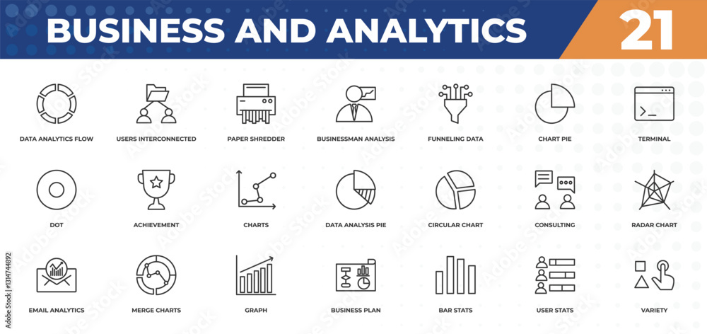 Poster outline icons set - business and analytics concept. data analytics flow, users interconnected and mo
