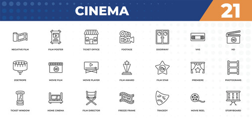 outline icons set - cinema concept. negative film, film poster and more.