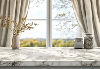 Elegant interior scene with marble countertop, glass jars, and delicate vase near window showcasing fresh greenery and soft curtains in natural light
