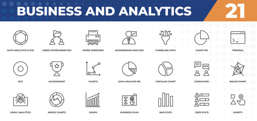 outline icons set - business and analytics concept. data analytics flow, users interconnected and more.
