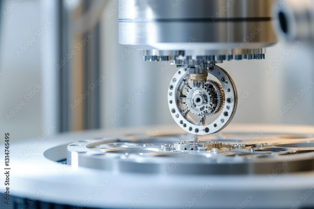 Poster precision engineering: a close-up of intricate gears being assembled by a robotic arm.