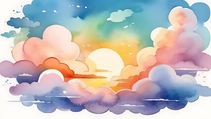 Watercolor Sunset Sky Painting with Colorful Clouds and Birds