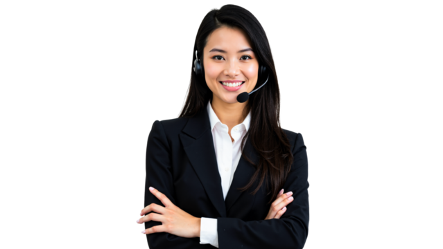 Confident Woman in Headset Smiling, Isolated on Transparent Background for Professional Use in Marketing and Customer Service