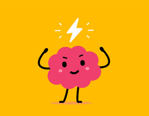 Vector cartoon illustration of cool strong brain and lightning symbol on color background. Flat doodle style design of cute smile health brain character with strong muscles