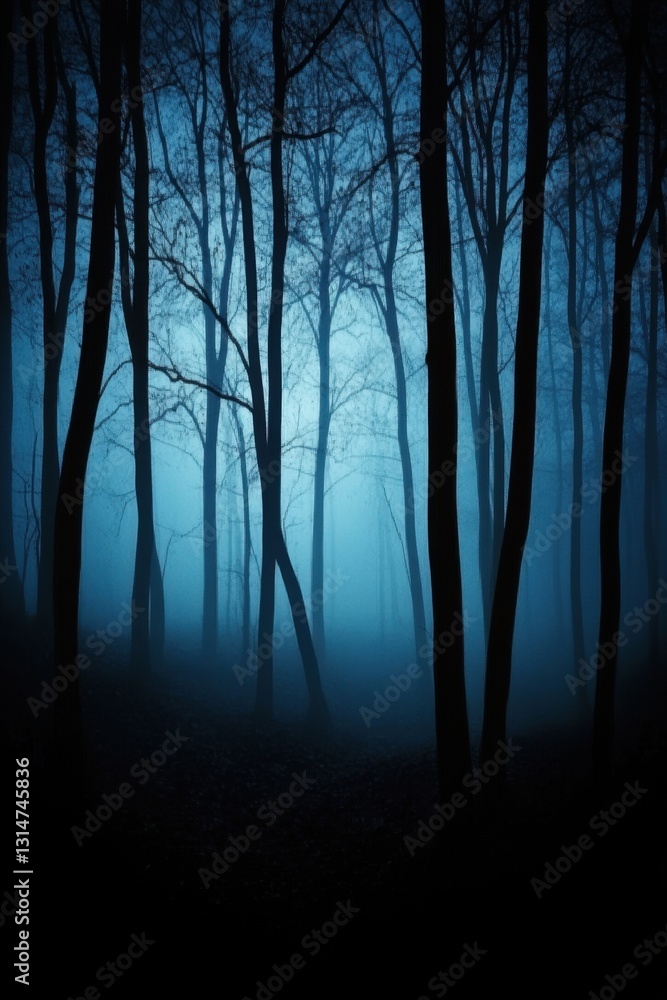Poster eerie blue forest landscape with bare trees and dense fog creating a mysterious and tranquil atmosph