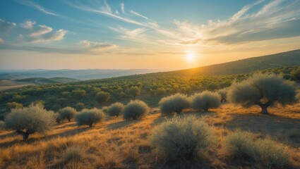 Obraz premium panoramic view of an olive tree plantation during sunset