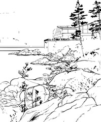 Fototapeta premium norway, coloring page, architecture, sketch, building, city, drawing, vector, church, street, house, town, old, illustration, art, europe, home, travel, castle, tower, cathedral, urban, design, constr