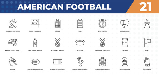 Naklejka premium outline icons set - american football concept. running with the ball, game planning and more.