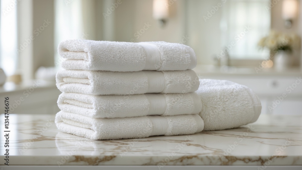 Poster panorama image of towels on a marble-top table with copy space in a blurred background. suitable for