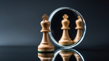 Pawn perceiving itself as a queen, chess piece positioned before a mirror. Self-appraisal, alter ego, true personality ideas.