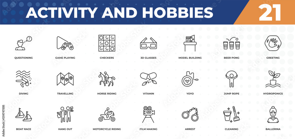 Poster outline icons set - activity and hobbies concept. questioning, game playing and more.