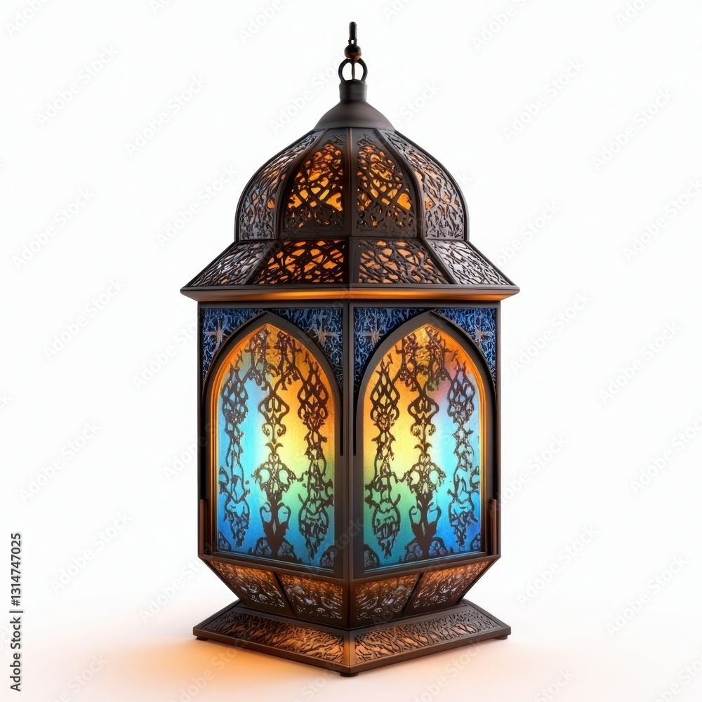 Poster intricate ornate lantern casting a warm glow against a pristine white backdrop creating a serene amb