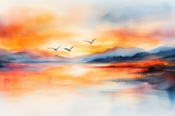 Obraz premium A soft watercolor painting of a solar panel field at sunrise, with vibrant orange and yellow hues blending into the blue sky