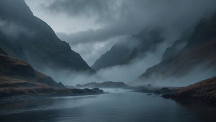 Naklejka premium Minimalistic image of a misty valley with mountains and a river.