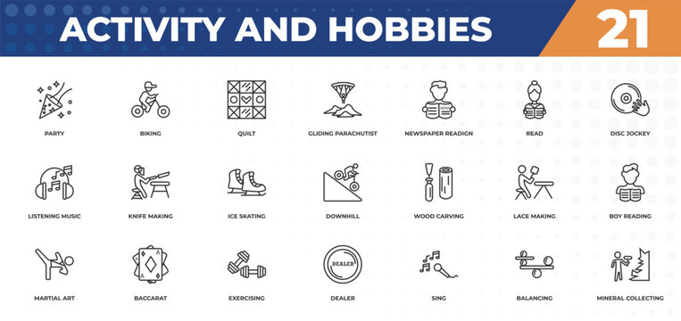 outline icons set - activity and hobbies concept. party, biking and more.