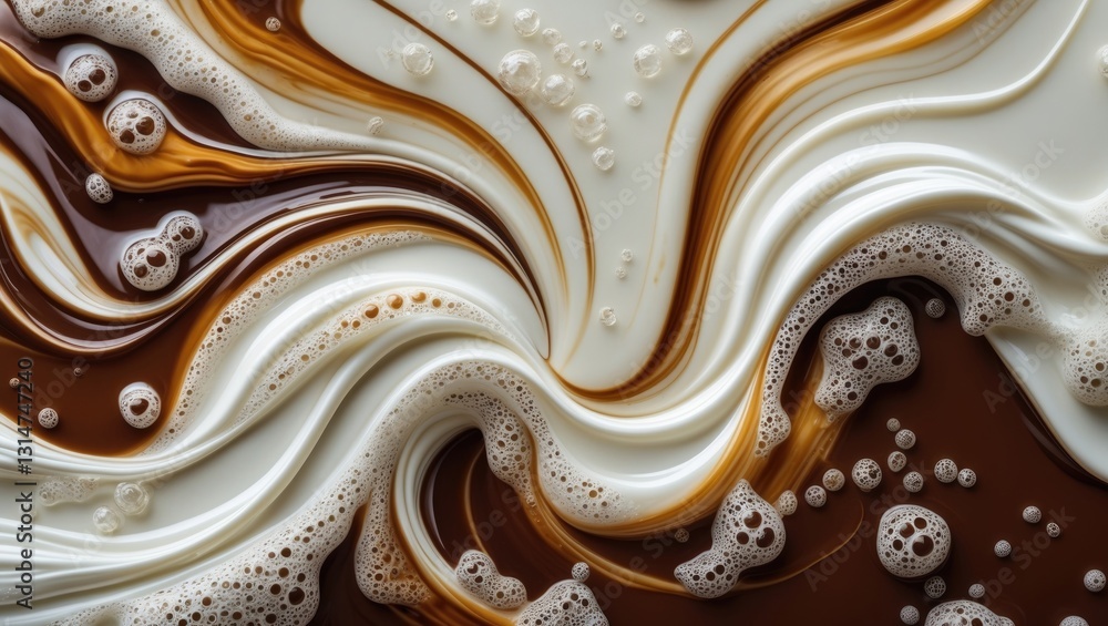 Poster high-angle full-frame view of coffee and milk blending together, showcasing frothy foam bubbles and 