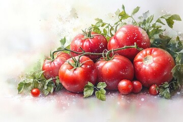A soft watercolor painting of a tomato vine with several ripe tomatoes, blending vibrant reds and greens with gentle brushstrokes