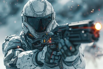 Naklejka premium A futuristic soldier in advanced armor aims a weapon in a snowy battlefield, showcasing high-tech combat scenarios.