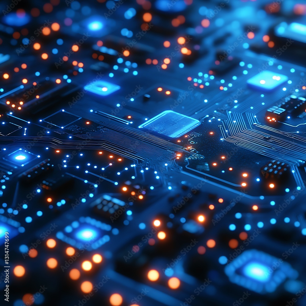 Poster detailed circuit board with glowing lights: high-tech microelectronics