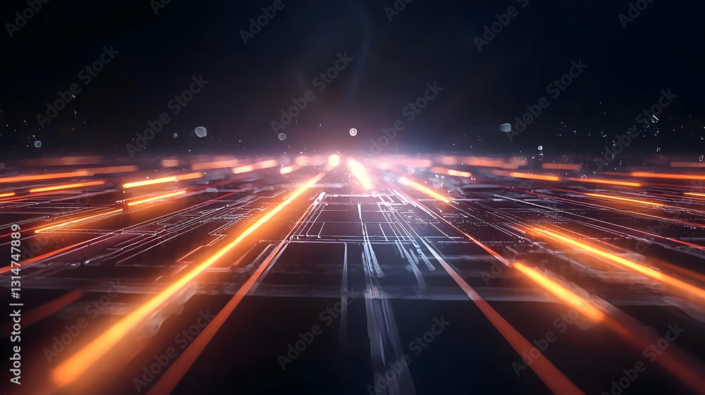 Poster futuristic digital cityscape with glowing orange lights and data streams on dark background