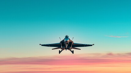 Fototapeta na wymiar fighter jet flying at sunset, with the sky transitioning from blue to orange and pink hues. sunset, fighter jet, blue to orange, sky hues, aviation, airshow, military aircraft, dynamic sky, 