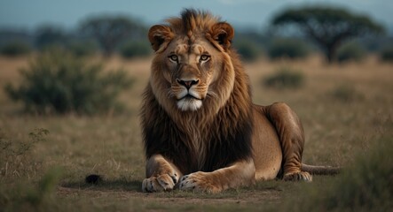 Obraz premium Lion in savanna. Large lioness, mother lion on a field, wildlife during safari. Impressive big cat.