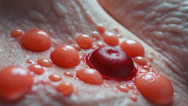 Macro closeup of swollen boil pimple on leg skin displaying medical condition known as hidradenitis suppurativa.
