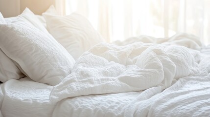 Modern bedroom with sunlight on white linens and soft pillows, creating a serene and refreshing atmosphere.