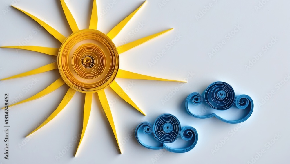 Poster paper sun with clouds on a white background. created using the paper quilling technique by hand.