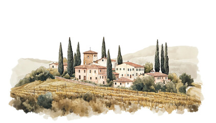 Obraz premium A watercolor illustration of a picturesque Tuscan landscape, featuring a cluster of traditional Italian villas with terracotta roofs nestled among rolling hills.