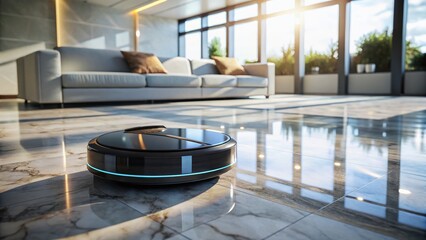 Fototapeta premium Robotic Vacuum Cleaner on Polished Marble Floor - Low Light Photography