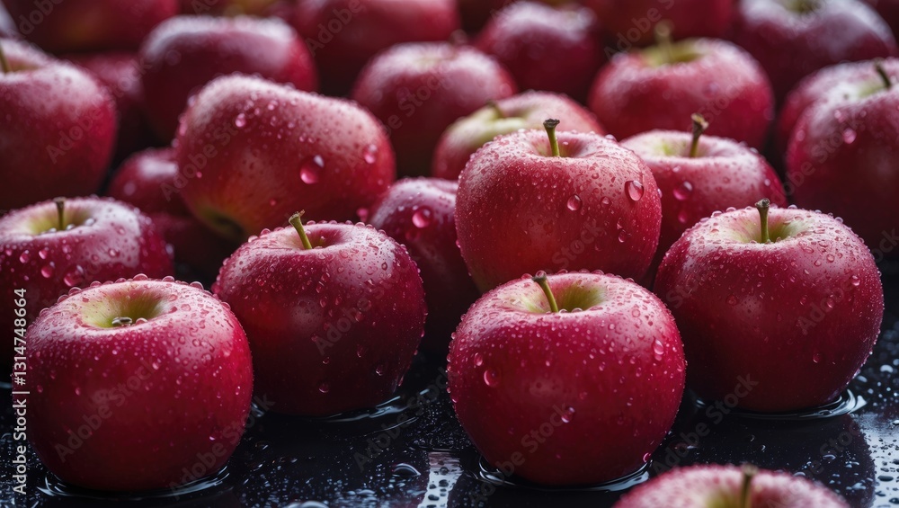 Poster close-up view of many red ripe apples with water droplets.