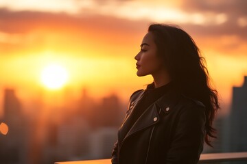 Fototapeta premium confident woman in leather trench coat watching sunrise from balcony
