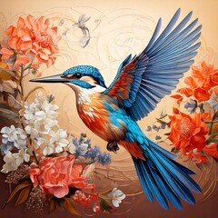 Obraz premium A vibrantly colored kingfisher with outstretched wings is perched among stylized white and pink flowers against a soft, peach-toned background.