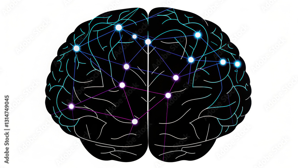 Poster glowing neural network forming shape of human brain, symbolizing intelligence and connectivity. intr