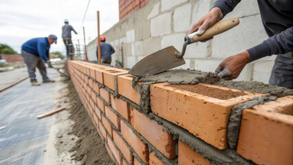 Construction workers building brick wall with trowels and mortar