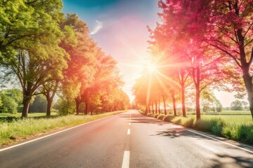Fototapeta premium Autumn street with tree leaves, peaceful countryside road with fresh greenery summer