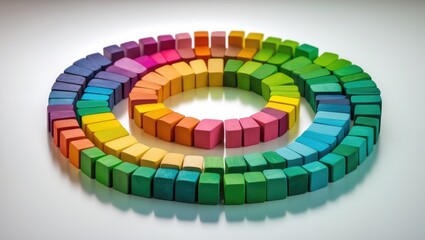 Fototapeta premium Centralization, gathering of data and people, concept image. A circle of vibrant wooden blocks symbolizes the unity of diverse elements. Isolated on a neutral white background.