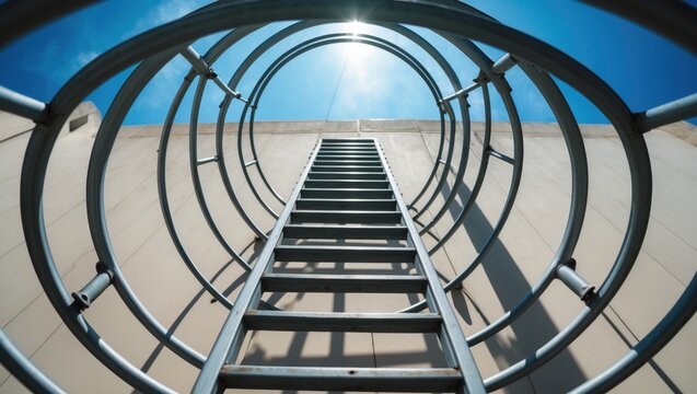 Outdoor fire escape ladder viewed from below on a building wall in perspective.