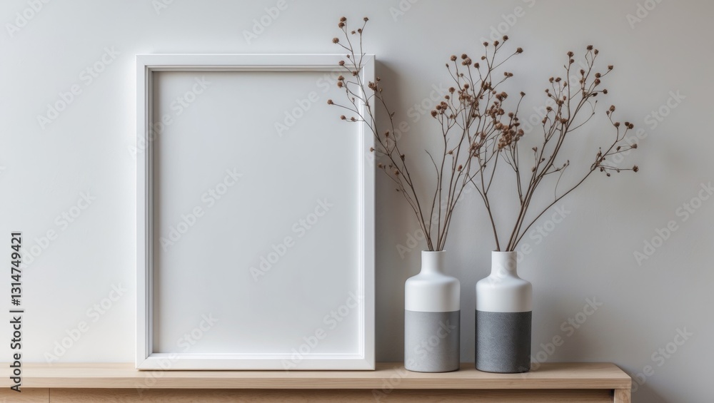 Poster mockup of a white frame and dry twigs in a vase displayed on a bookshelf or desk. white colors.