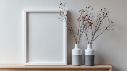 Mockup of a white frame and dry twigs in a vase displayed on a bookshelf or desk. White colors.