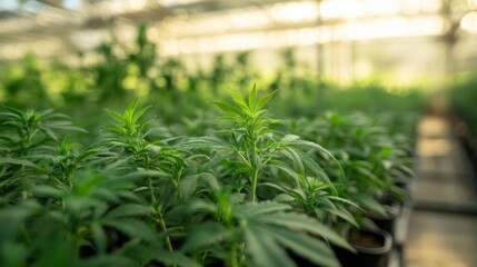 Obraz premium Numerous cannabis seedlings flourish in a modern greenhouse, bathed in natural light. The delicate leaves stretch upward, indicating healthy growth in an ideal environment