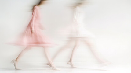 Fototapeta premium Two people, one wearing a pink long-sleeved dress and the other in white, walking on a white background, fashion style